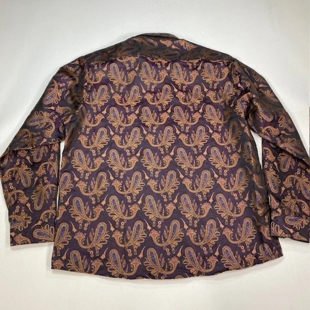 Barry Wang Mens XL Purple Gold Paisley Silk Jacquard Long Sleeve Button Up Shirt